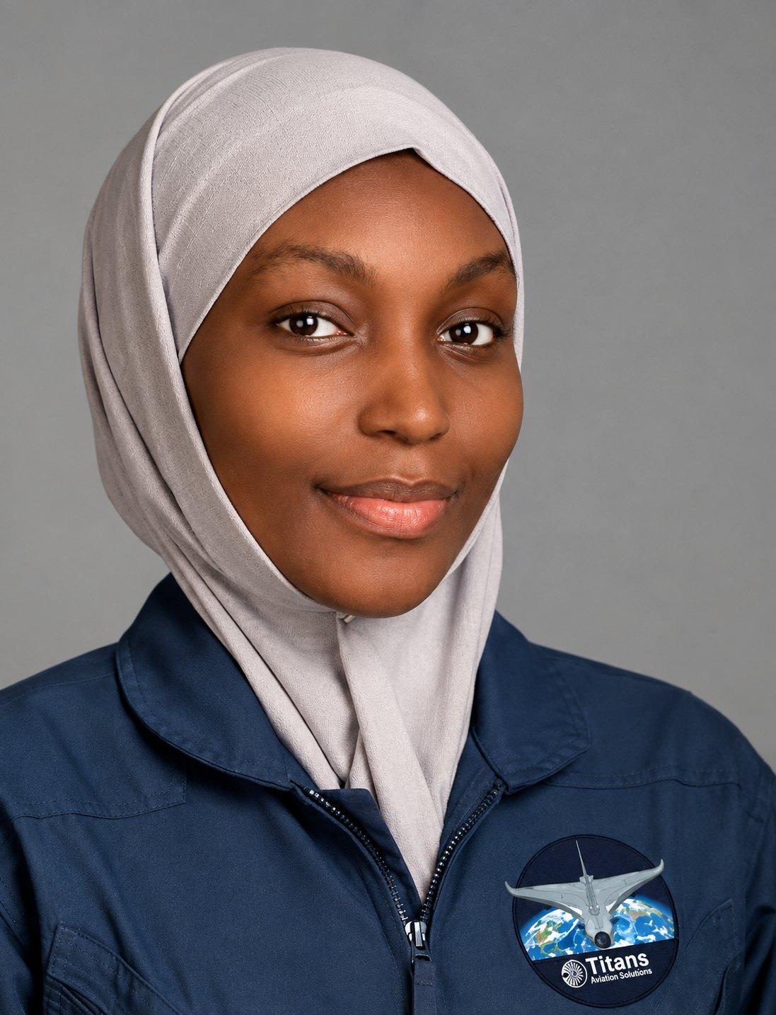 Fauziyya Auwal Muhammad, founder of ASTHERA, in a flight suit